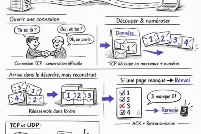  TCP : “le protocole qui veut que ça arrive… complet, dans l’ordre, et sans trou.”