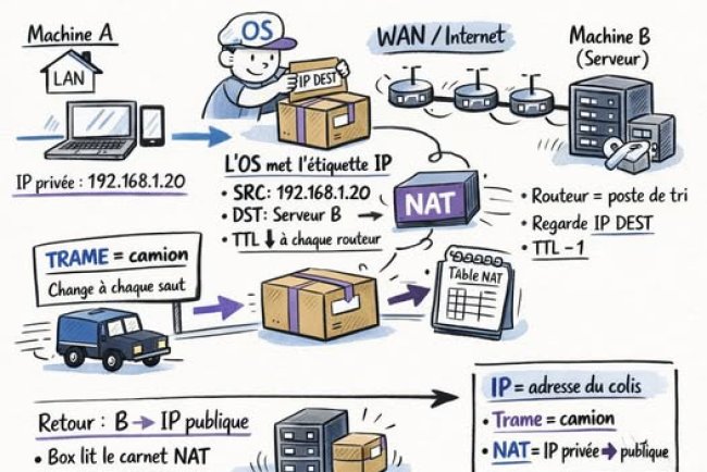 La journée de voyage d’un paquet IP (de ta machine A à la machine B)