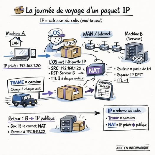 La journée de voyage d’un paquet IP (de ta machine A à la machine B)